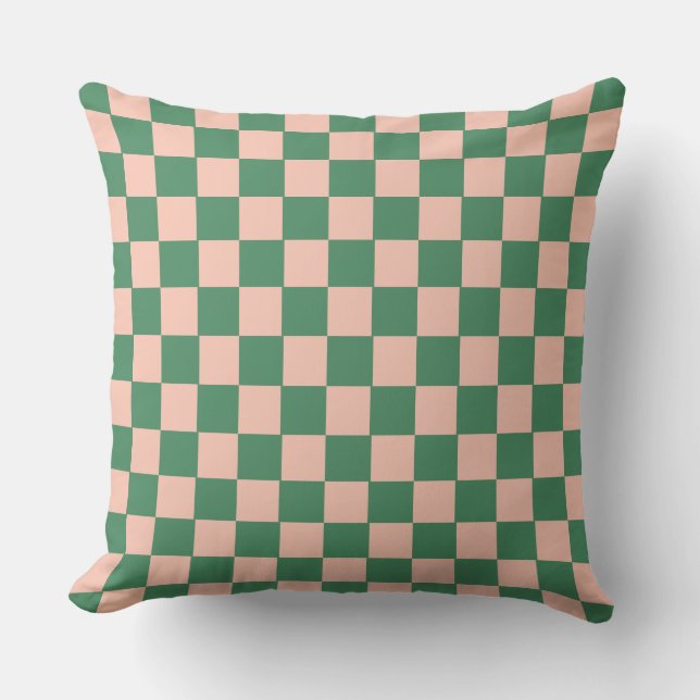 Retro Geometric Checkerboard Pattern Green Pink Throw Pillow (Front)