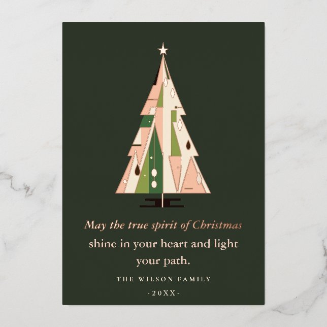 Retro Geometric Christmas Tree Blush Forest Green Foil Holiday Card (Front)
