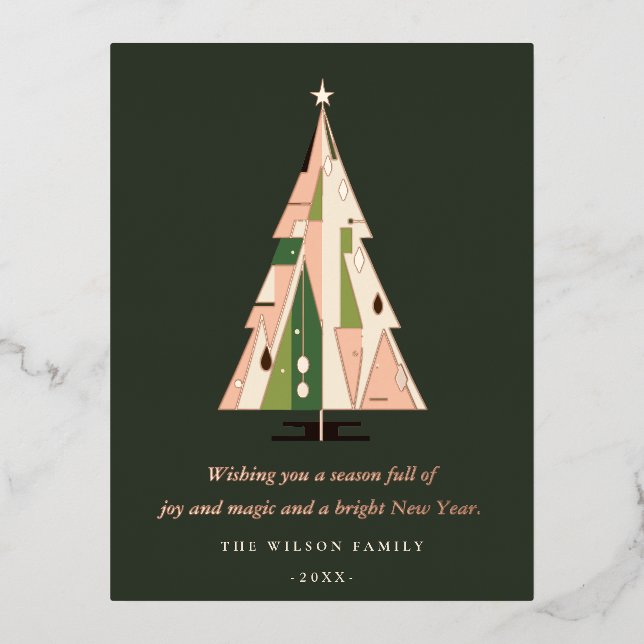 Retro Geometric Christmas Tree Blush Forest Green Foil Holiday Postcard (Front)