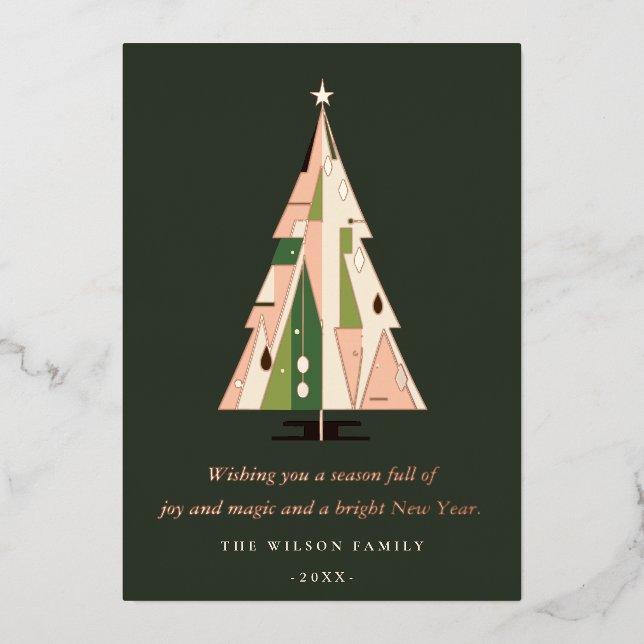 Retro Geometric Christmas Tree Blush Green Rust Foil Holiday Card (Front)