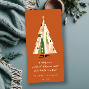 Retro Geometric Christmas Tree Blush Green Rust Holiday Card