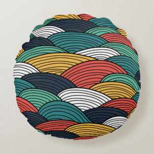 Retro geometric colourful wave pattern Throw Round Pillow
