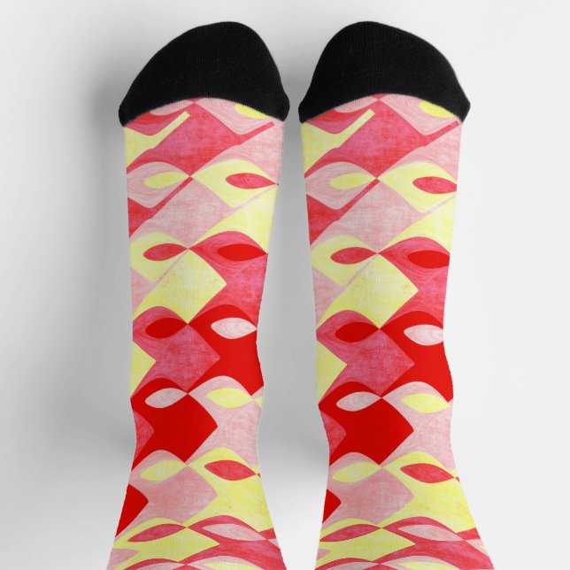 Retro Geometric Diamond Pattern Red, Pink & Yellow Socks (Top)