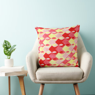 Retro Geometric Diamond Pattern Red, Pink & Yellow Throw Pillow