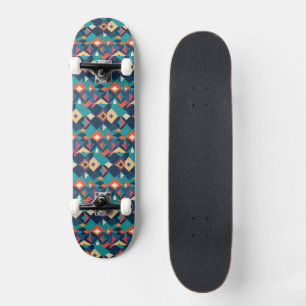 Retro Geometric Diamonds in Teals Yellows Orange Skateboard