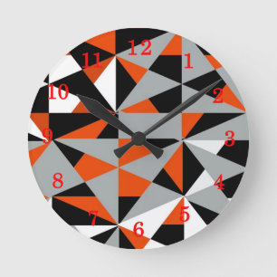Retro Geometric Funky Orange Grey Black Pattern Round Clock