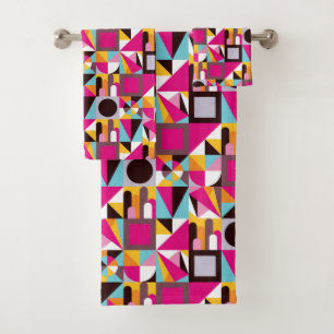 Retro Geometric Hot Pink Black Pattern Design Bath Towel Set