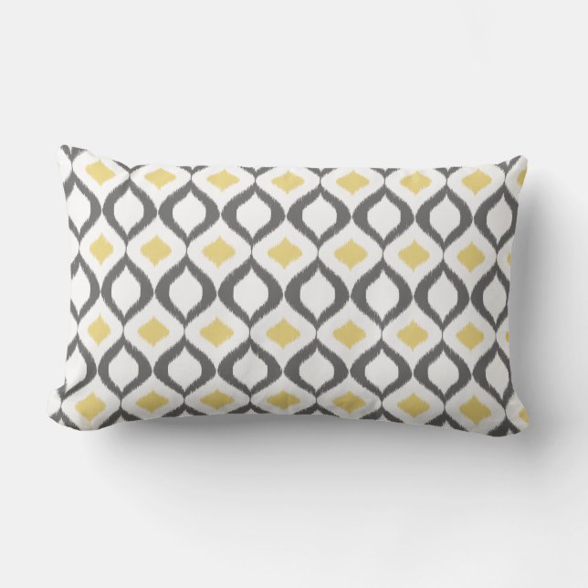 Retro Geometric Ikat Yellow Grey Pattern Lumbar Pillow (Front)