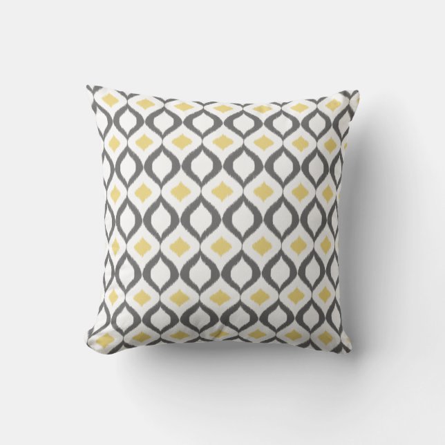 Retro Geometric Ikat Yellow Grey Pattern Throw Pillow (Front)
