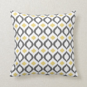 Retro Geometric Ikat Yellow Grey Pattern Throw Pillow