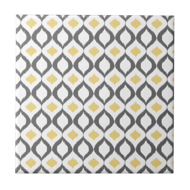 Retro Geometric Ikat Yellow Grey Pattern Tile (Front)
