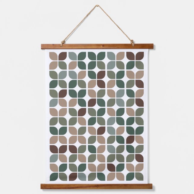 Retro Geometric Leaf Pattern Green Brown Taupe Hanging Tapestry (Front)