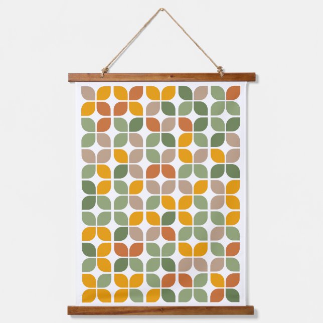 Retro Geometric Leaf Pattern Green Orange Taupe Hanging Tapestry (Front)