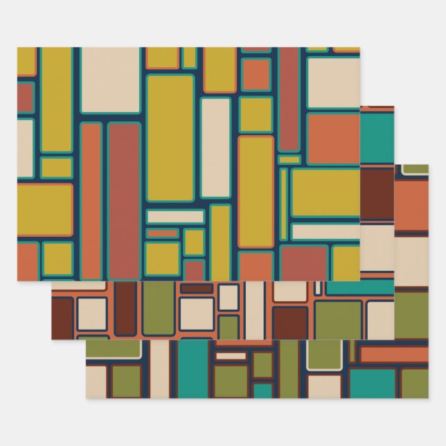 Retro Geometric Midcentury Modern Patterns Wrapping Paper Sheet (Set)