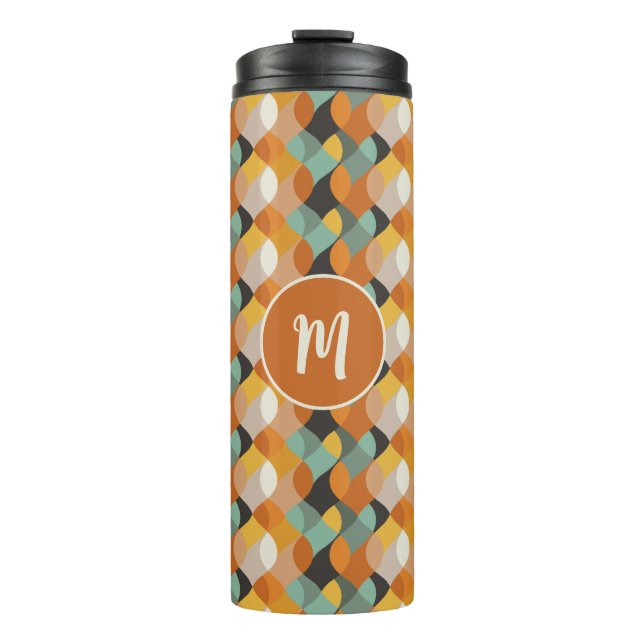 Retro Geometric Ovals Orange Teal Gold Monogram  Thermal Tumbler (Front)