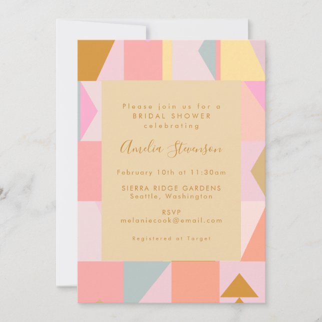 Retro Geometric Pastel Pink Gold Bridal Shower Invitation (Front)
