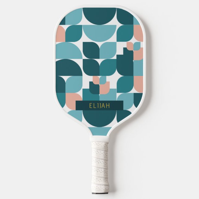 Retro Geometric Pattern Blue & Pink Pickleball Paddle (Front)