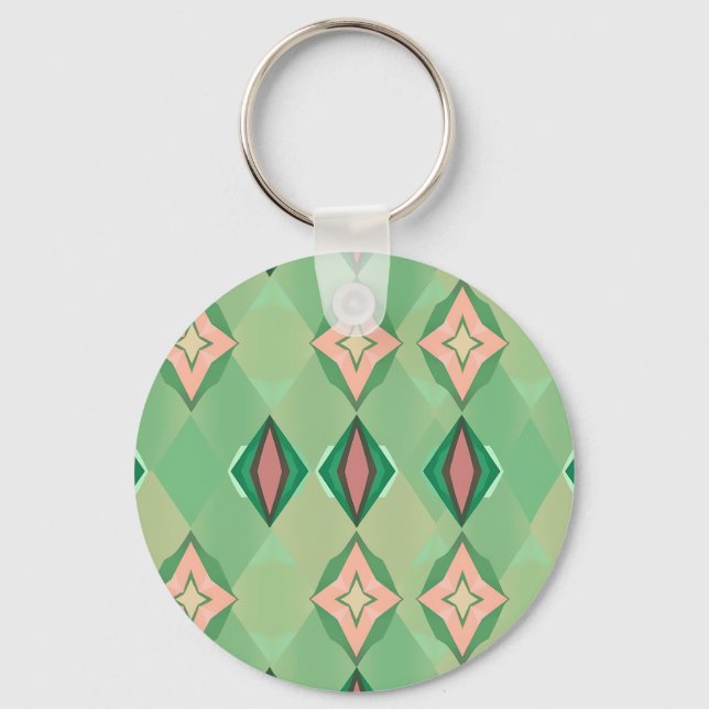 Retro Geometric Pattern Green Pink Diamond Star Keychain (Front)