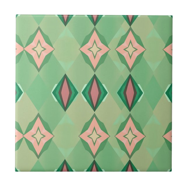 Retro Geometric Pattern Green Pink Diamond Star Tile (Front)