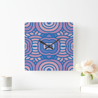 Retro Geometric Pattern in Blue and Pink Square Wall Clock