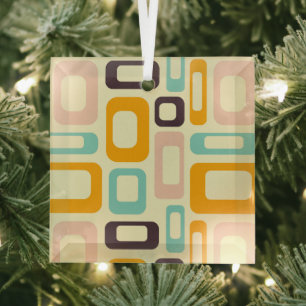 Retro geometric pattern in light beige background glass ornament