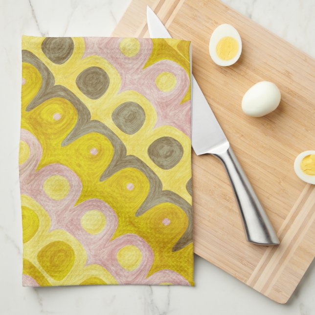 Retro Geometric Pattern in Yellow and Pink Kitchen Towel (Quarter Fold)