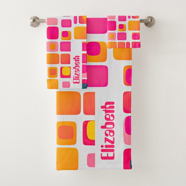 Retro Geometric Pattern of Mid Century Modern Name Bath Towel Set (Insitu)