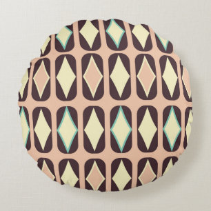 Retro geometric pattern with brown, yellow, blue round pillow