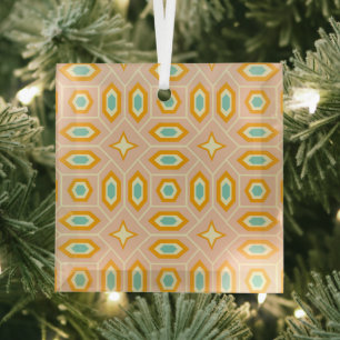 Retro geometric pattern with hexagons and stars glass ornament