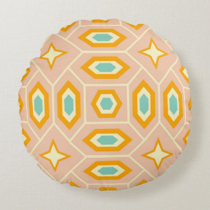 Retro geometric pattern with hexagons and stars round pillow