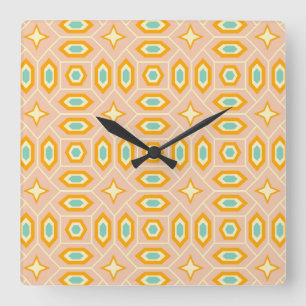 Retro geometric pattern with hexagons and stars square wall clock