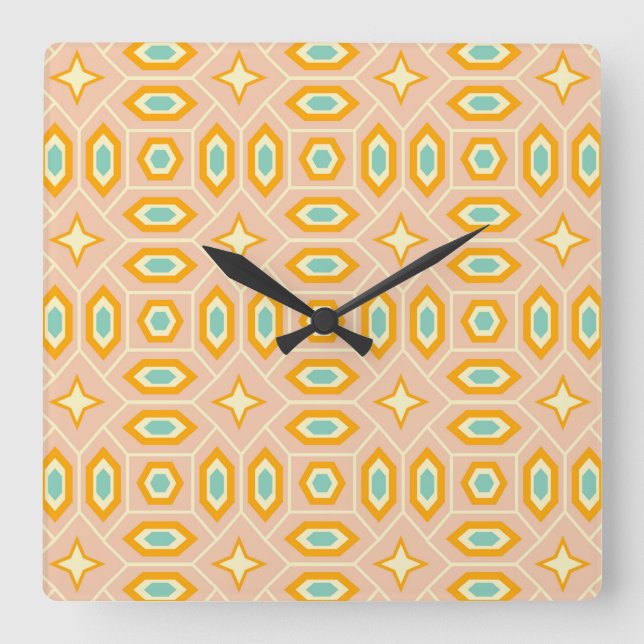 Retro geometric pattern with hexagons and stars square wall clock (Front)