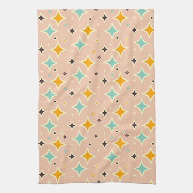 Retro geometric pattern with teal, orange, black kitchen towel (Vertical)
