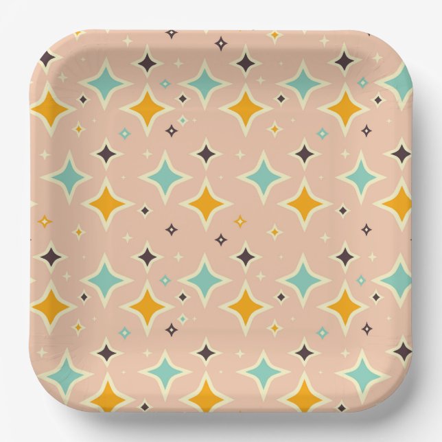 Retro geometric pattern with teal, orange, black paper plate (Front)