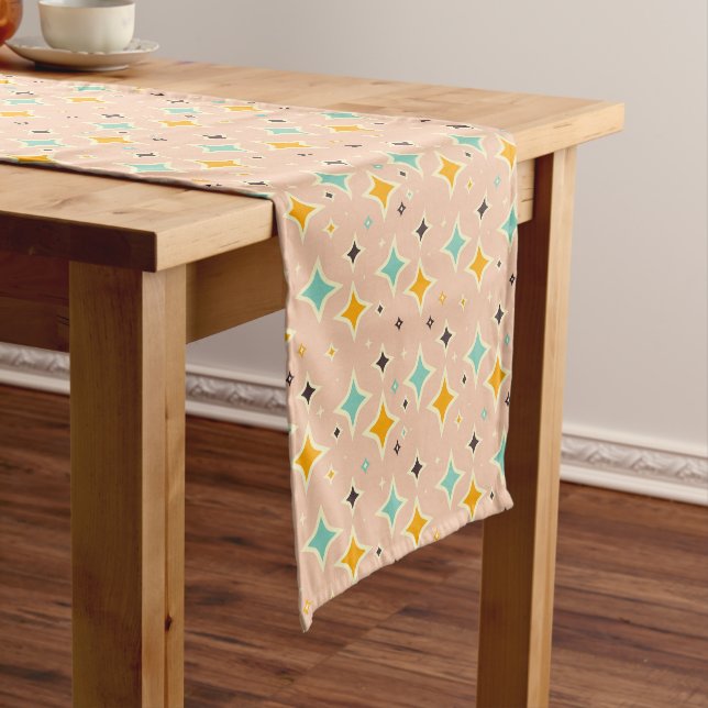 Retro geometric pattern with teal, orange, black short table runner (In Situ)
