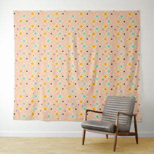 Retro geometric pattern with teal, orange, black tapestry