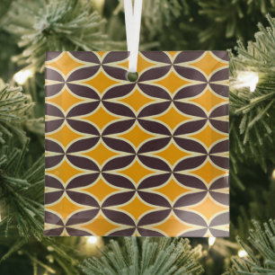 Retro geometric pattern yellow and brown leaf glass ornament