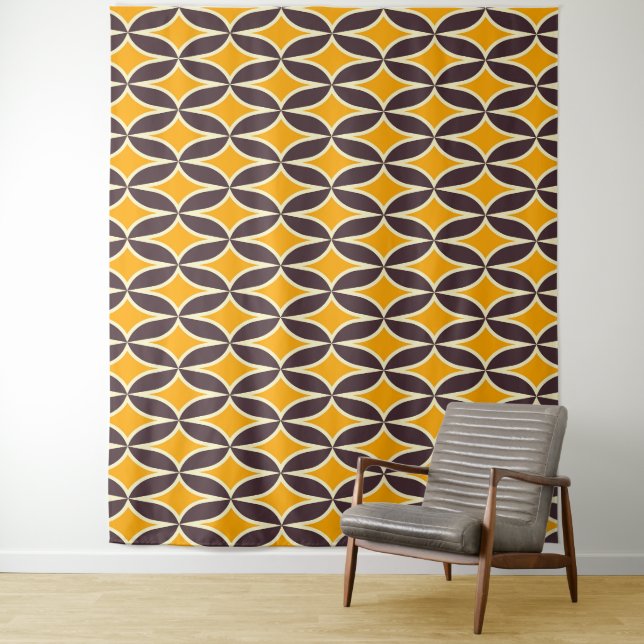 Retro geometric pattern yellow and brown leaf tapestry (In Situ)
