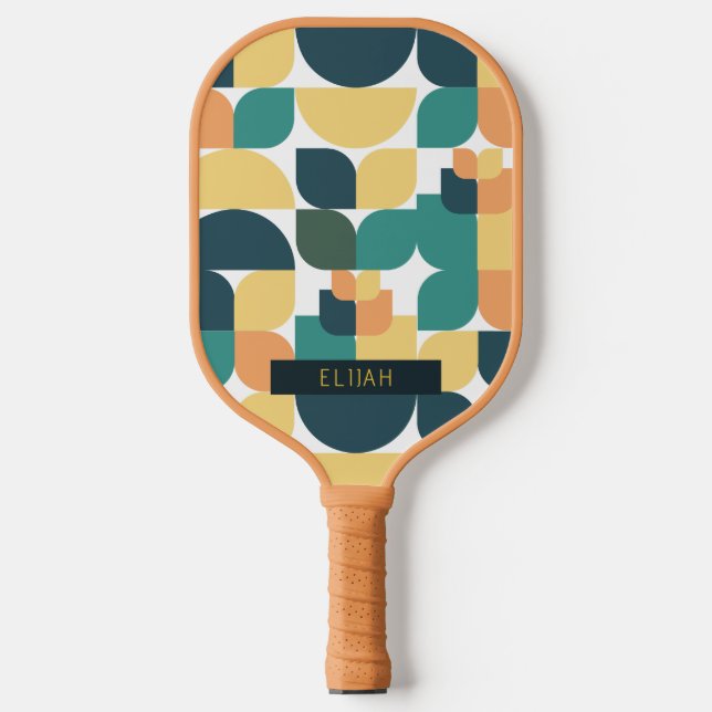 Retro Geometric Pattern Yellow & Green Pickleball Paddle (Front)