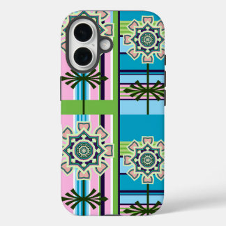 Retro geometric patterns and fantasy flowers iPhone 16 case