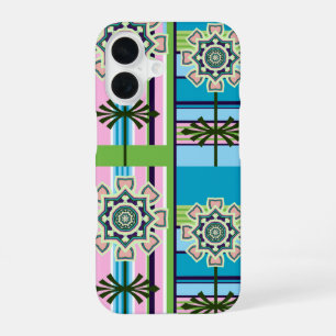 Retro geometric patterns and fantasy flowers iPhone 16 case