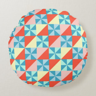 Retro Geometric Pinwheel and Triangle Pattern Round Pillow