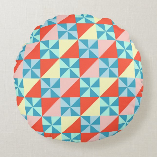 Retro Geometric Pinwheel and Triangle Pattern Round Pillow (Front)