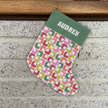 Retro Geometric Print 1970s Personalized Large Christmas Stocking<br><div class="desc">Add some joy to your Christmas gifts with this patterned stocking featuring a simple geometric pattern in a retro 1970s colour palette of red,  lime green,  orange,  pink and green against a white background. Your name appears at the top in retro style white lettering against a green background.</div>