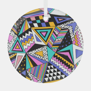 Retro Geometric Shapes: Colourful Vintage. Glass Ornament