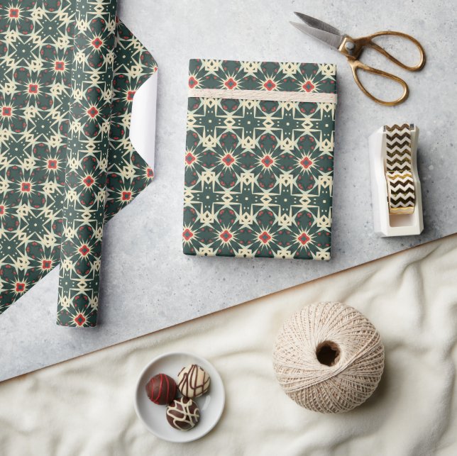 Retro Geometric Starburst Pattern in Cream, Red Wrapping Paper (Crafts)