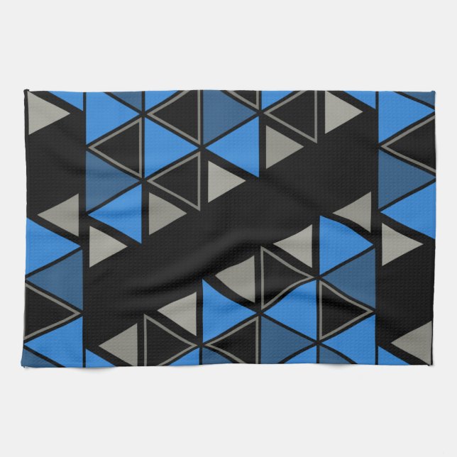 Retro Geometric Triangles Blue Silver Kitchen Towel (Horizontal)