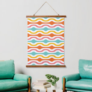 Retro Geometric Waves Orange Pink Turquoise Yellow Hanging Tapestry