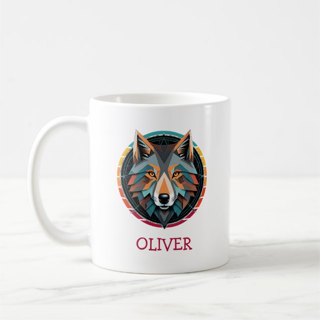 Retro Geometric Wolf Head Personalized Mug (Left)