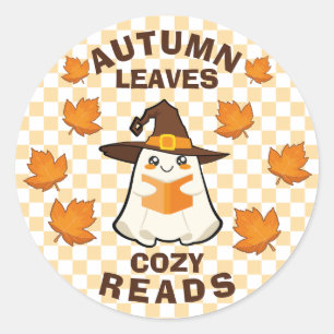 Retro Ghost Autumn Leaves Cozy Reads Halloween Classic Round Sticker